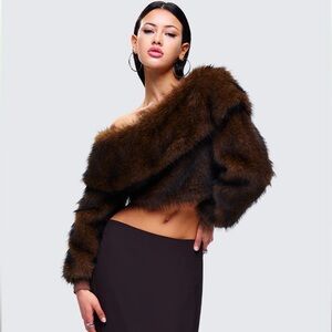 Finesse Nadi Brown Faux Fur Off Shoulder chic Top S (toile)